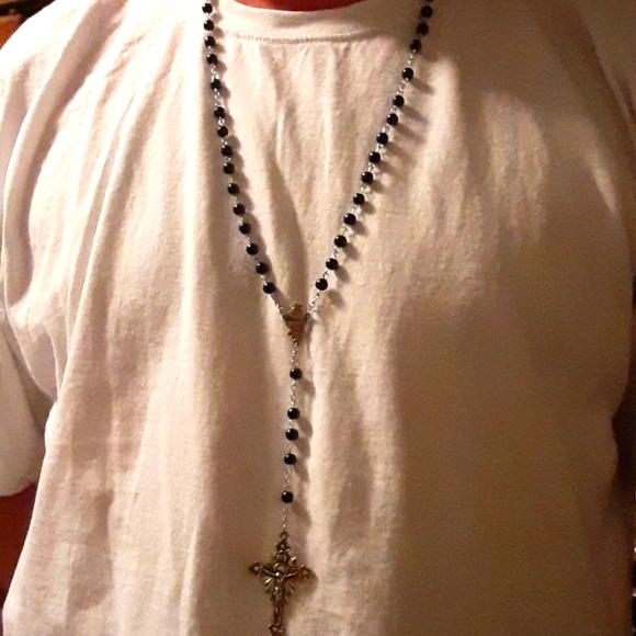 fatima Jewelry - Silver with black beads Rosary 18 in